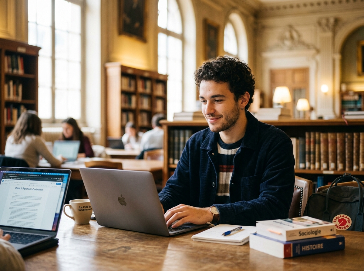 Étudiant serein en cours de travail et de réorientation